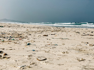 Plastic bottles and other rubbish thrown on the sandy seashore, trash on the sea beach. ecological problem.