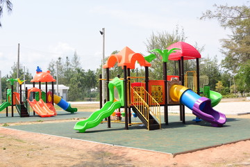 New play equipment, beautiful colors at the village playground
