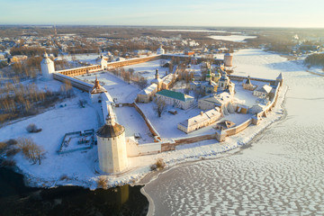Cyrillo-Belozersky monastery close-up on a December day (aerial photography). Vologda region, Russia