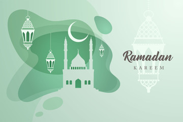 Ramadan Kareem Vector Design with Mosque, Lantern, and Liquid Style