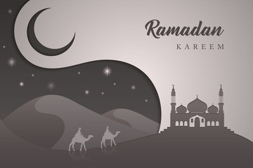 Ramadan Kareem Vector Design with Mosque in Arabian Night Dessert