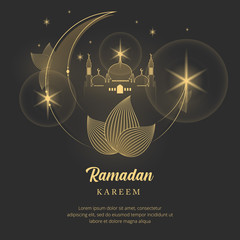 Illustration Vector Graphic of Ramadan Kareem with Luxury Gold Mosque in the Moon