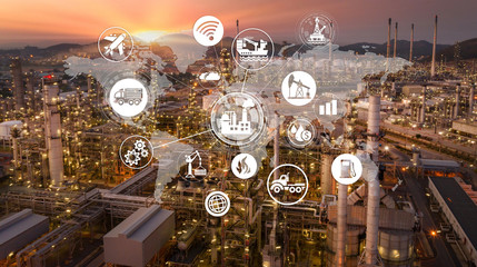 Industry 4.0 Oil refinery and double exposure icon concepts, networking and data exchange and modern technology for the world industrail.