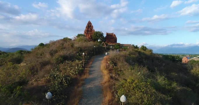 Aerial view of Poklongarai champa tower. Old Brick cham towers in Phan Rang, landmark Vietnam. Asia Travel concept. Journey through Vietnam Concept