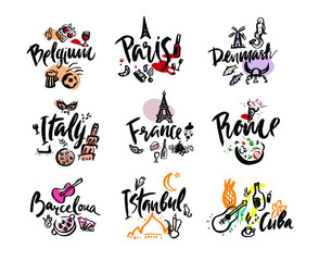 Set of hand written calligraphic lettering European countries names with iconic elements. Isolated objects on white background. Vector illustration for banner, card design, poster, web.