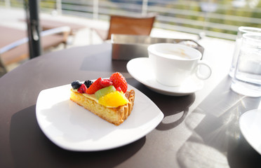 Fruits Tart Cake and Cappuccino