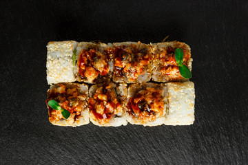 Japanese food: Set of salmon sushi and rolls with salmon and eel