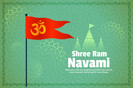 hindu ram navami festival card with flag and temple