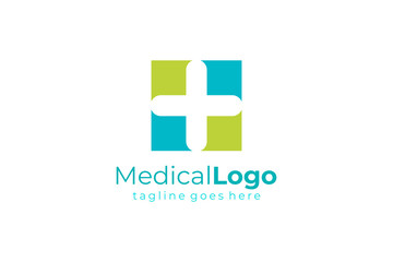 Obraz premium Blue Green Square with Negative Space Cross Sign inside. Medical Logo Health Icon. Flat Vector Logo Design Template Element