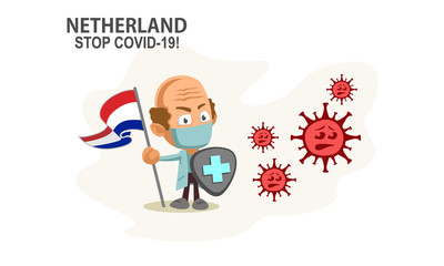Person holding nation flag and shield fighting coronavirus pandemic or coronavirus outbreake 2019 COVID-19. Vector illustration against corona covid-19 virus. Scalable and editable vector.