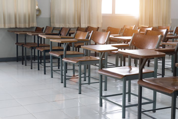 Schools in Asian shutdown due to spreading of the Crononaviru or COVID-19. An empty classroom with no student.