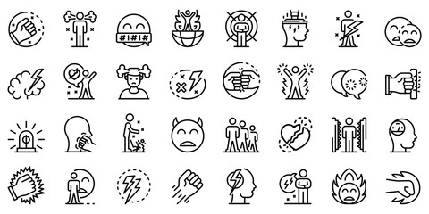 Rage icons set. Outline set of rage vector icons for web design isolated on white background