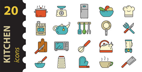 Set of kitchen icons in color. Linear style. Flat design. Frying pan, chefs hat, chopping Board and kitchen utensils.