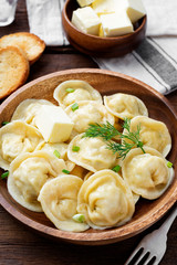Homemade meat dumplings - russian pelmeni. Dumplings, filled with meat, ravioli.
