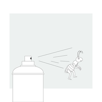 Spray with a toxic agent designed to kill ants with a jet aimed at an ant, black outline white background, isolated vector illustration