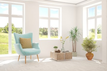 White living room with armchair and green landscape in window. Scandinavian interior design. 3D illustration