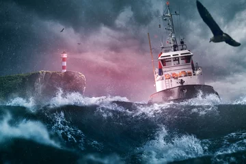 Foto auf Acrylglas Schiff  Sturm Lechtturm Meer © m.mphoto