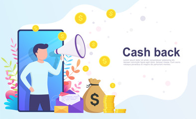 Cash back online banking concept. Money back from online shopping.