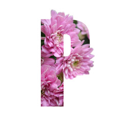 Letter P made of beautiful flowers on white background