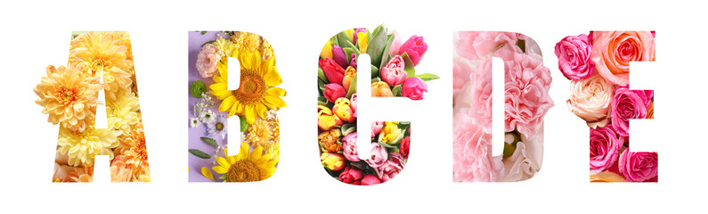 English letters with beautiful flowers on white background