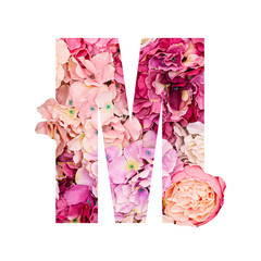 Letter M made of beautiful flowers on white background