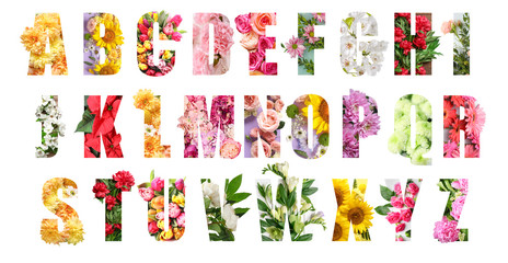 English alphabet letters with beautiful flowers on white background