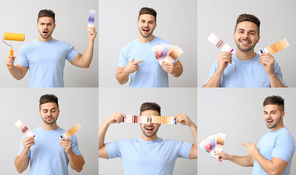 Young Man With Color Swatches And Paint Roller On Grey Background