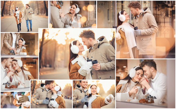 Collage of photos with happy young couple on winter day
