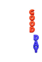 Vertical image of the words GOOD DAY spelled with red and blue alphabet shaped biscuits on white background