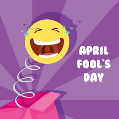 happy april fools day card with surprise box and emoji