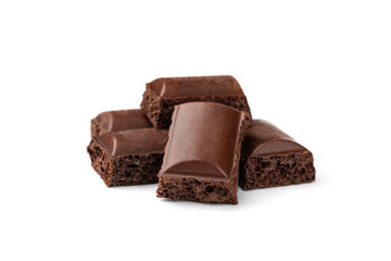 Porous dark chocolate isolated on white background.