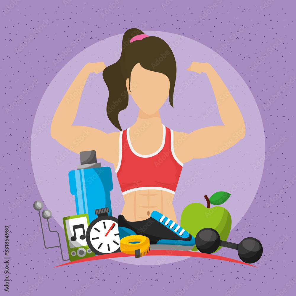 Poster woman athlete character and healthy lifestyle icons