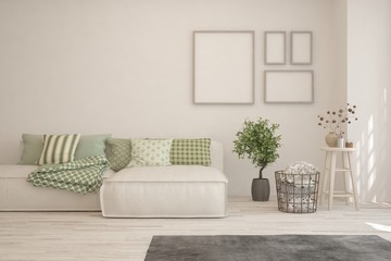 White living room with sofa. Scandinavian interior design. 3D illustration