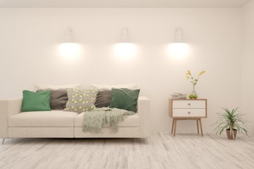 White living room with sofa. Scandinavian interior design. 3D illustration