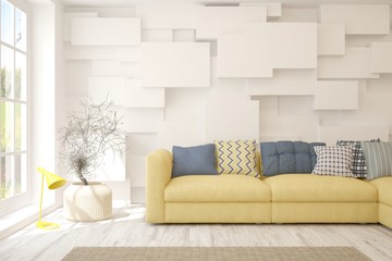 White living room with sofa. Scandinavian interior design. 3D illustration