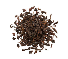 Dry black tea leaves isolated on white background, top view