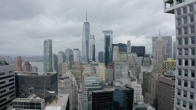 4K Aerial Footage, New York City skyline with urban skyscrapers 