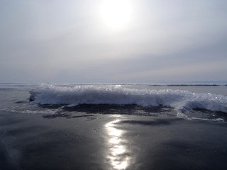 a Sunny path on a dark surface of ice