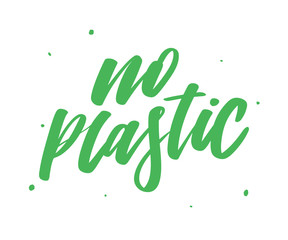 No plastic. Hand drawn vector lettering. Motivation phrase. Isolated on yellow background. slogan