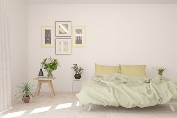 White bedroom interior. Scandinavian design. 3D illustration