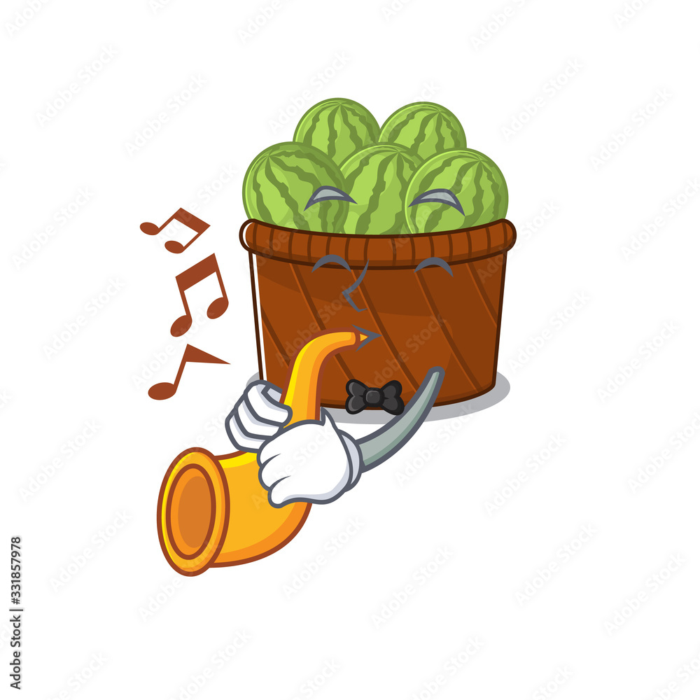 Wall mural watermelon fruit basket cartoon character design playing a trumpet