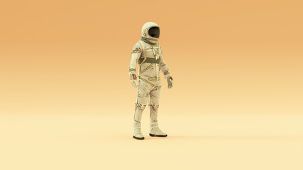 Retro Astronaut with Black Visor and Silver White Spacesuit With Light Grey Background With Warm Cream Background with Warm Diffused Lighting 3 Quarter View 3d illustration 3d render