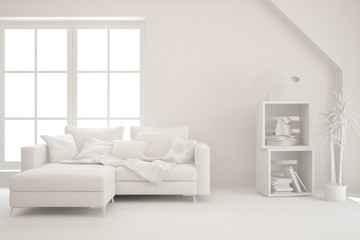 White minimalist living room with sofa. Scandinavian interior design. 3D illustration