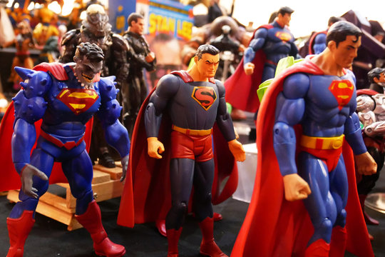 KUALA LUMPUR, MALAYSIA -MARCH 15, 2020: Selected focused fictional character of Superman action figures from DC movies and comic. The action figure toys in various costumes display for the public.
