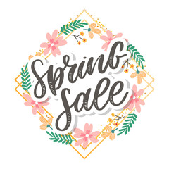 Spring Sale Word Hanging on Leaves with Strings. Vector Illustration flowers