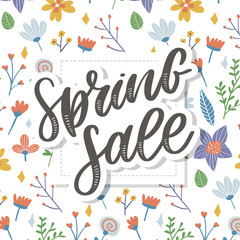 Spring Sale Word Hanging on Leaves with Strings. Vector Illustration flowers