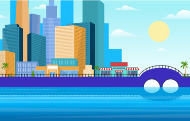 Beautiful River Water City Modern Building Skyline Landmark Illustration