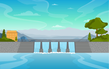 River Water Flowing Dam City Modern Building Landmark Illustration