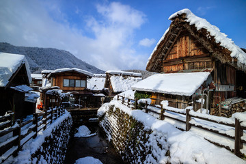 Shirakawa-go and Gokayama in Japan. Traditional style huts in Gassho-zukuri Village, World Heritage Site in Takayama in Winter