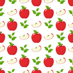 Seamless pattern with red whole slice apples and leaves on white background. Organic fruit. Cartoon style. Vector illustration for design, web, wrapping paper, fabric, wallpaper.